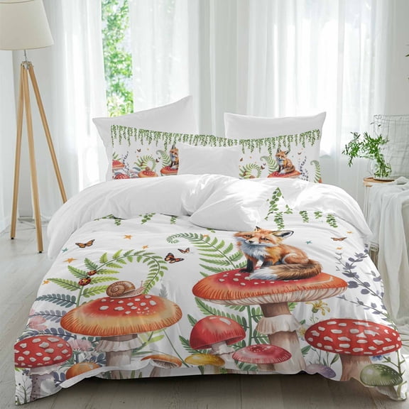 Watercolor Red Mushroom Queen Size Comforter Set, Fox Eucalyptus Leaves Butterfly Bedding for All Seasons, 4 Pcs Bed Set, 1Quiltcover (90"x92") ,1Sheet(94"x116"), 2Pillowcases (30"x20")