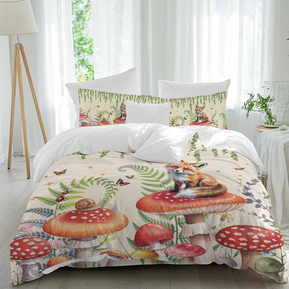 Watercolor Red Mushroom Twin Size Comforter Set, Fox Butterfly Eucalyptus Leaf Bedding for All Seasons, 4 Pcs Bed Set, 1 Quiltcover (68"x86") ,1Sheet(67"x116"), 2Pillowcases (30"x20")
