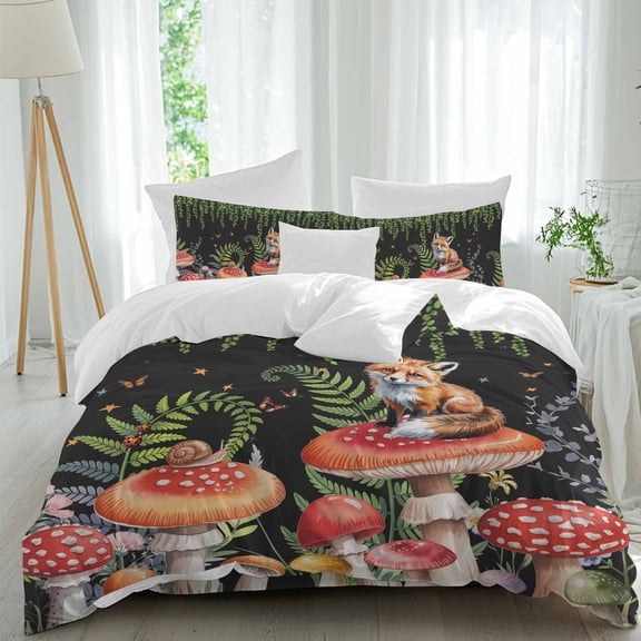 Watercolor Red Mushroom Twin Size Comforter Set, Fox Eucalyptus Leaf Butterfly Bedding for All Seasons, 4 Pcs Bed Set, 1 Quiltcover (68"x86") ,1Sheet(67"x116"), 2Pillowcases (30"x20")