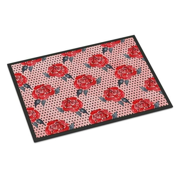 Watercolor Red Roses & Polkadots Indoor or Outdoor Mat - 24 x 36 in.