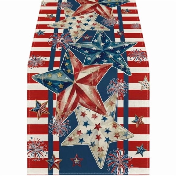 Watercolor Red White and Blue American Flag Stars Table Runner 4th of July Memorial Day Veterans Day Patriotic Decoration and Supplies for Home 13x48 Inch
