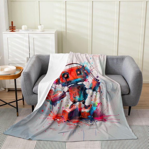 Watercolor Robot Fleece Blanket for Couch Bed Sofa