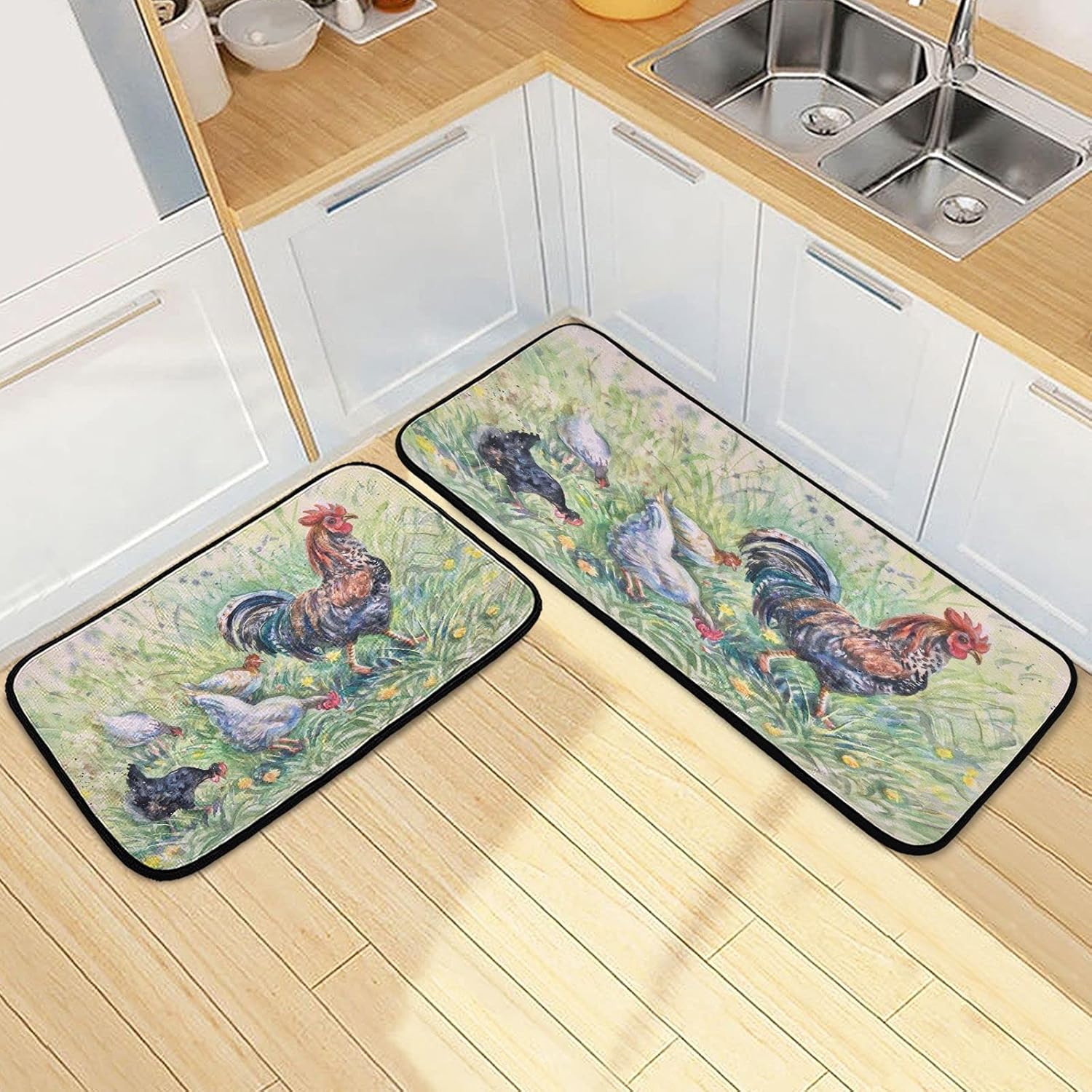 Chicken Kitchen Rug Watercolor Rooster Chickens Kitchen Mat Rugs Set of 2 Vintage Easter ...