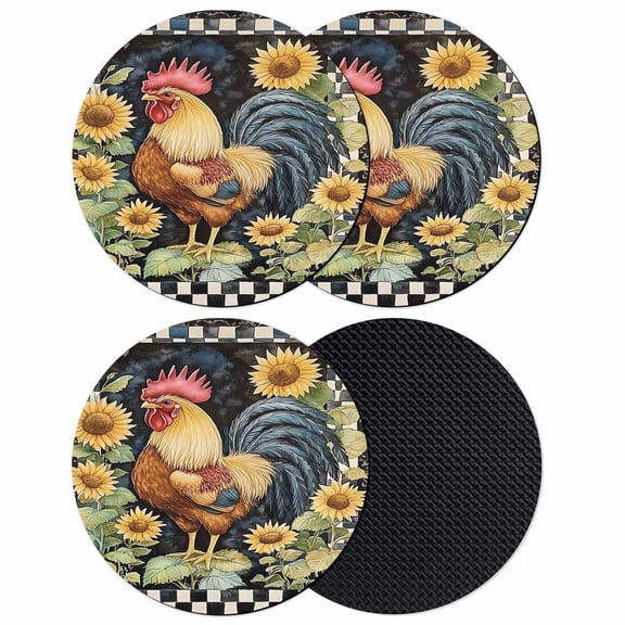 Watercolor Rooster Coasters for Drinks,Absorbent Non Slip Rubber Drink Coasters Set of 4 for Cup,Table,Bar,Home Decor, Sunflower Black Plaid