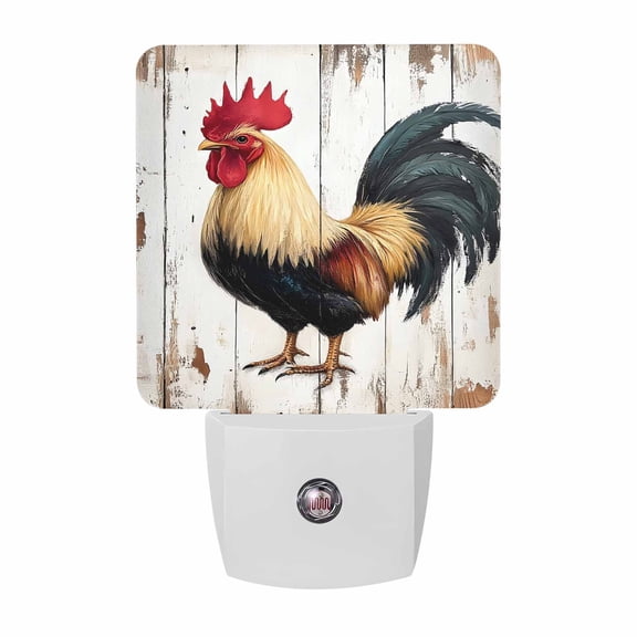 Watercolor Rooster Plug-in LED Night Lights Vintage White Wood Grain Auto Dusk-to-Dawn Sensor for Bedroom, Bathroom, Kitchen, Nursery, Hallway, Stairs, Wall Home Decor