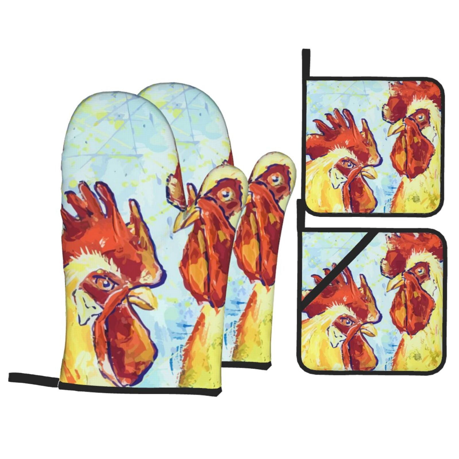 Watercolor Roosters 4Pcs Oven Mitts and Pot Holders Sets Oven Kitchen Gloves Hot Pads for Cooking BBQ Baking Grilling