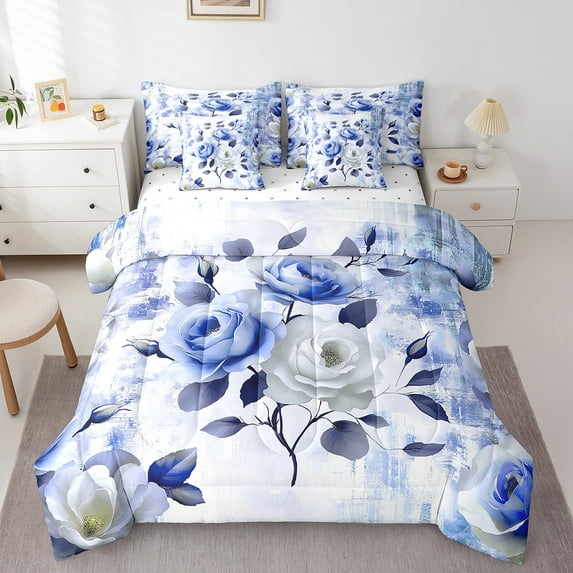 Watercolor Rose Bedding Comforter Sets 7pcs Chic Flower Floral Bed in a Bag Women,Watercolor Oil Painting King Bedding Sets Ombre Gradient Comforter Set,Navy Blue Bedding Sets