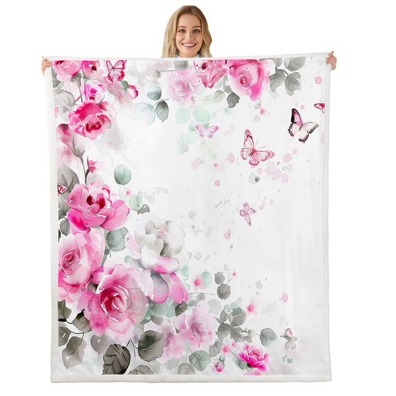 Watercolor Rose Blanket,Pink Rose Flowers Throw Blanket Throw Women,Romantic Butterfly Fleece Blanket,Garden Botanical Floral Leaf Sherpa Blanket