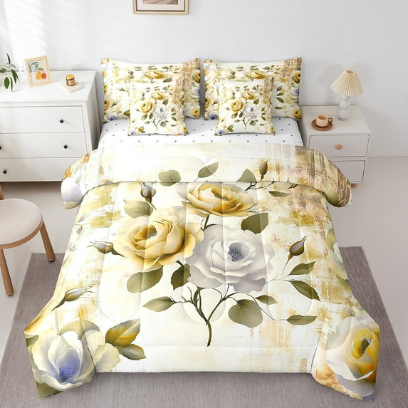 Watercolor Rose Full Comforter Set 7 Pieces Chic Flower Floral Bedding Comforter Sets Women,Watercolor Oil Painting Bed in a Bag Ombre Gradient Bedding Set,Mid Century Bed Sheets Set