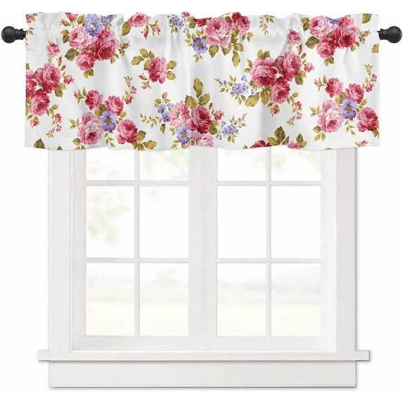 Watercolor Rose Kitchen Curtain Valances for Windows Farmhouse Short Curtains, European Pastoral Pink Floral Rod Pocket Valance Curtain for Bedroom Cafe Living Room 54""x18"", White