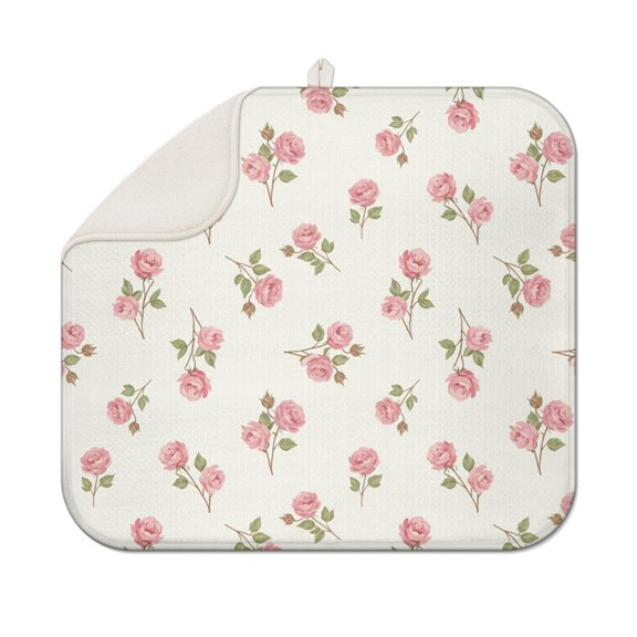 Watercolor Rose Rosebud Dish Drying Mat, Super Absorbent Polyester Microfiber Dish Drainer Mat, Soft Padded, Rollable and Foldable with Built-In Hanging Loop, Sink Area Decor ,16x18in
