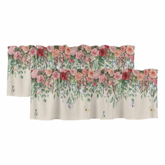 Watercolor Roses Curtain Valances for Windows, Kitchen Valance Window Treatments Panel 2 Pack, Spring Flowers Leaves Butterflies Beige Rod Pocket Short Curtains for Bathroom Bedroom 42 x 12 Inch