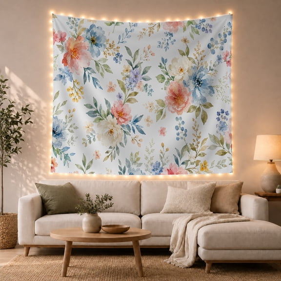 Watercolor Roses and Peonies Against Off-White Background, Romantic Watercolor for Nature Lovers, Floral Garden Art Decor, Anniversary Gift Tapestry Wall Hanging for Bedroom and Living Room