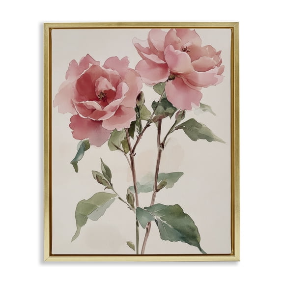 Stupell Industries Watercolor Roses Pink Floras Gold Framed Floater Canvas Wall Art, design by Petal Prints Design