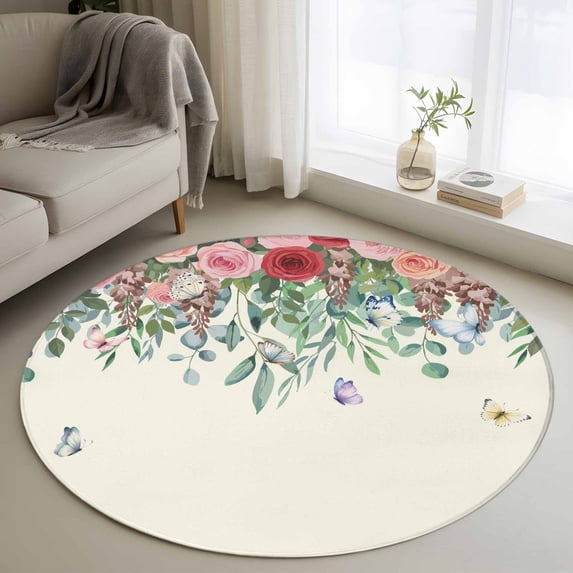 Watercolor Roses Round Area Rug 3.3Ft Washable Circle Rugs for Dining Room Table, Spring Flowers Leaves Butterflies Light Beige Non-Slip Carpet Floor Mats Indoor Outdoor Carpet Runner Home Decor