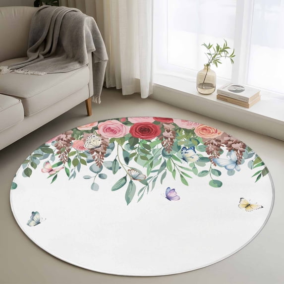 Watercolor Roses Round Area Rug 3Ft Washable Small Circle Rugs for Kitchen Entryway, Spring Flowers Leaves Butterflies Botanical Non-Slip Carpet Floor Mats Indoor Outdoor Carpet Runner Home Decor
