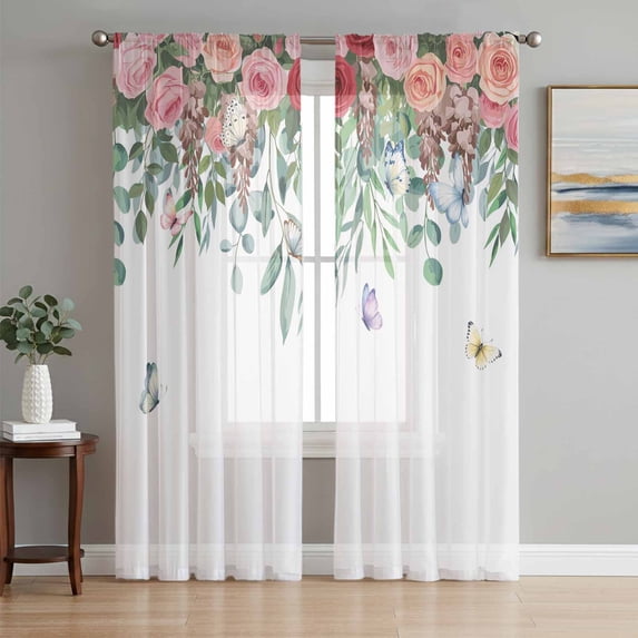 Watercolor Roses Sheer Curtains 84 Inch Length 2 Panels Set, Spring Flowers Leaves Butterflies Botanical Voile Window Treatment Curtains Sheers Drapes for Bedroom/Living Room/Kitchen 52"x84"x2