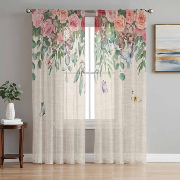 Watercolor Roses Sheer Curtains 96 Inch Length 2 Panels Set, Spring Flowers Leaves Butterflies Beige Voile Window Treatment Semi Sheer Long Curtains Drapes for Bedroom/Living Room/Kitchen 52"x96"x2