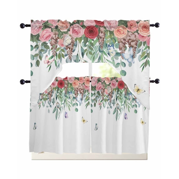 Watercolor Roses Swag Curtains for Living Room/Bedroom Windows, Spring Flowers Leaves Butterflies Botanical Kitchen Curtains and Valances Set 36 Inch Length, Swags Valance Curtain Panels
