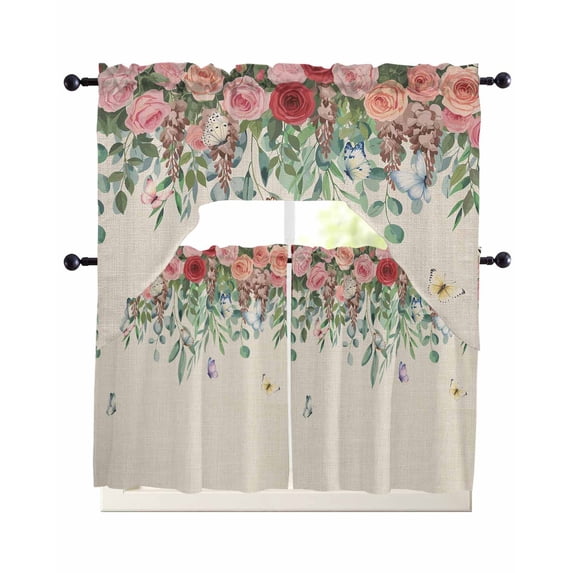 Watercolor Roses Swag Kitchen Curtains Sets for Windows 24 Inch Length, Spring Flowers Leaves Butterflies Beige Short Window Curtain Panels Swags Valances and Tiers 3 Piece Set for Cafe/Dining Room