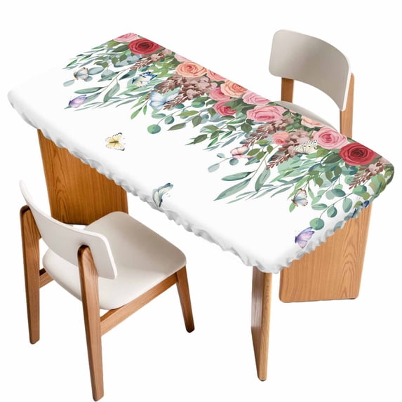 Watercolor Roses Table Cloths for 6 Foot Rectangle Tables, Spring Flowers Leaves Butterflies Botanical Patio Waterproof Elastic Fitted Tablecloths, Washable Rectangular Table Cover for Camping