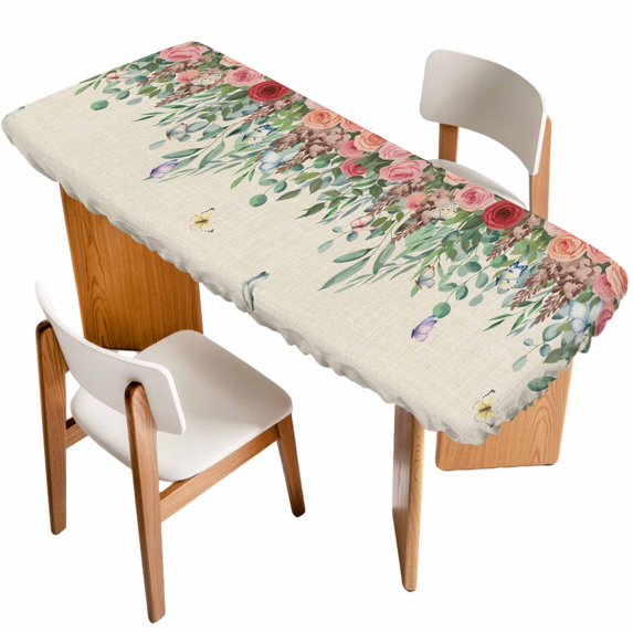 Watercolor Roses Table Cloths for 8 Foot Rectangle Tables, Spring Flowers Leaves Butterflies Beige Patio Waterproof Elastic Fitted Tablecloths, Washable Rectangular Table Cover for Camping