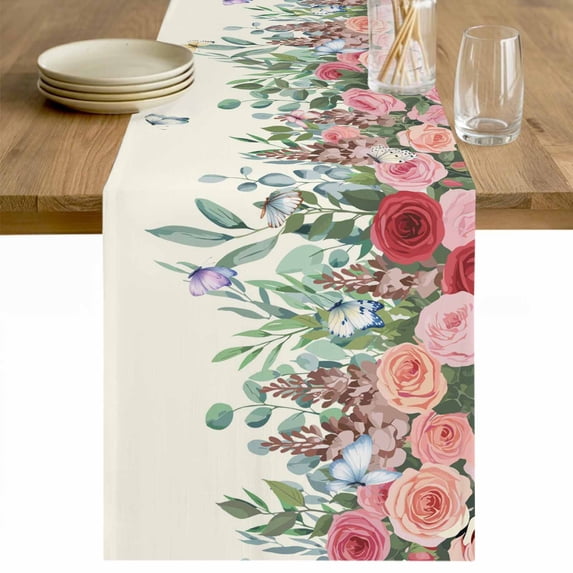 Watercolor Roses Table Runner - 36 Inch Long Spring Flowers Leaves Butterflies Light Beige Cotton and Linen Blended Dress Scarves Farmhouse Table Runner for Kitchen Dining, Coffee Table, 13" x 36"
