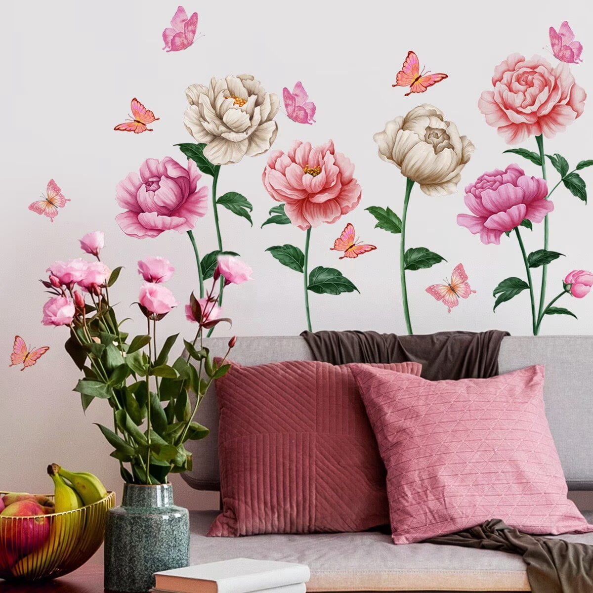 Watercolor Roses Wall Decals Peony flower wall stickers, plant flower stickers Peel and Stick Wall Art Decals for Living Room Bedroom Office Wall Decor glass decals(Red & White Watercolor)