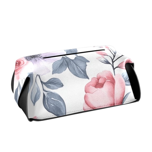 Watercolor Roses and Anemone Flowers Tissue Box Cover Leather Square Rectangle Tissue Box Holder for Bathroom Living Room Desk Office Decor