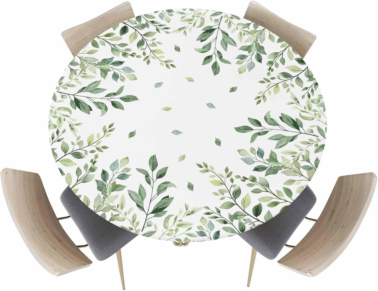 Watercolor Round Fitted Tablecloth Elastic Edged Table Cover,Spring Green Leaves Waterproof Wipeable Table Cloths for Kitchen Dining Party Fit up 45-52in Tables,Botanical Leaf on White