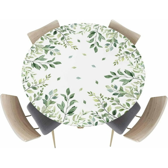 Watercolor Round Fitted Tablecloth Elastic Edged Table Cover,Spring Green Leaves Waterproof Wipeable Table Cloths for Kitchen Dining Party Fit up 45-52in Tables,Botanical Leaf on White