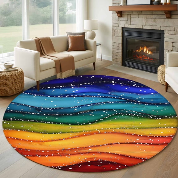 Watercolor Round Living Room Rugs 7 ft, Marble Texture Rainbow Wave Beach Washable Area Rug with Non-Slip Sturdy Edge Binding Round Carpet for Kitchen Office Bedroom
