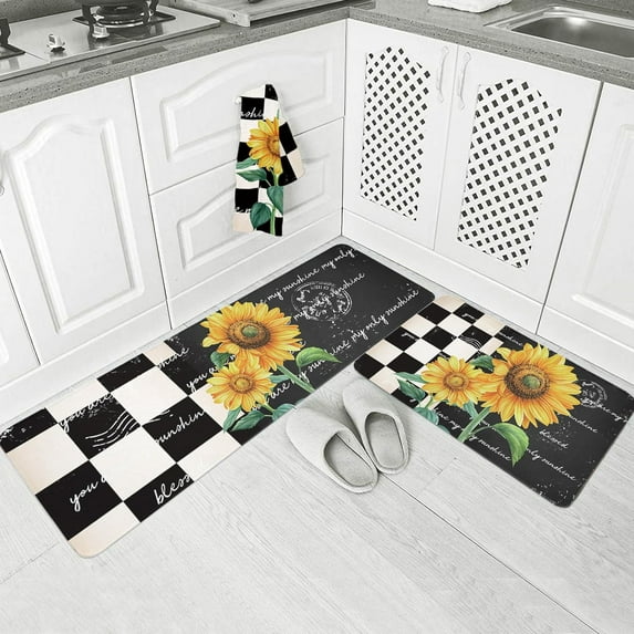 Watercolor Rustic Sunflowers Kitchen Floor Mats, Retro Blossom Floral 2 PCS Anti Fatigue Area Runner Rugs Set Black White Check Non-Slip Bathroom Comfort Standing Mat Home Decor