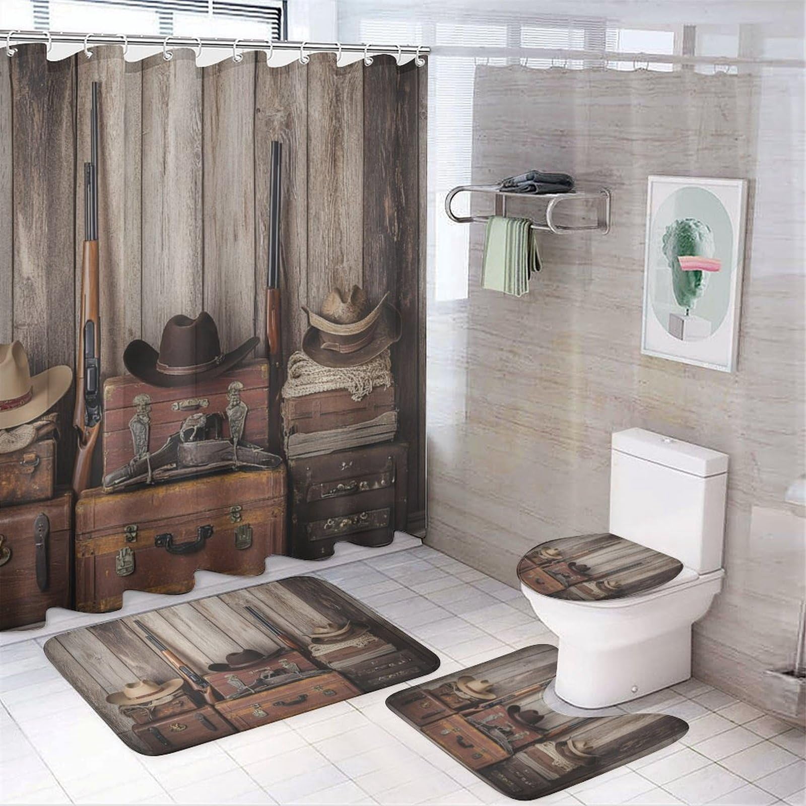 Watercolor Rustic Western Cowboy Shower Curtain Vintage Wood Panel