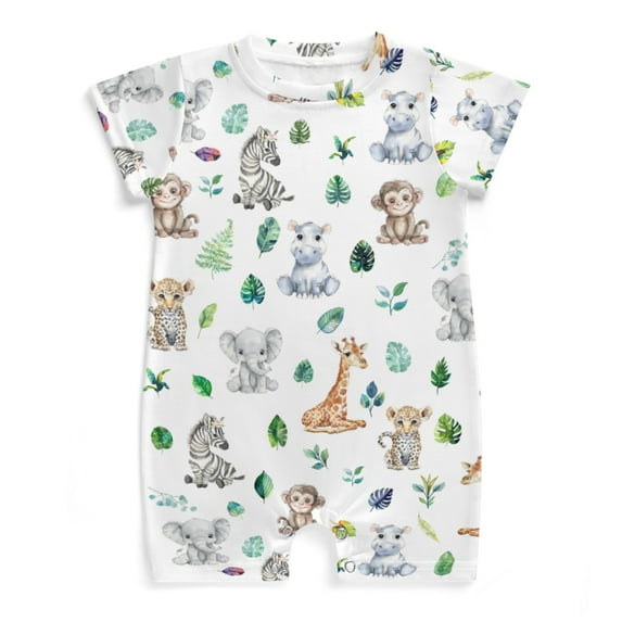 Watercolor Safari Animals Baby Rompers Boy Girl Elephant Zebra Leopard Monkey Giraffe Hippo Tropical Leaves Newborn Infant Clothes Summer Short Sleeve Jumpsuit Playsuit Bodysuit