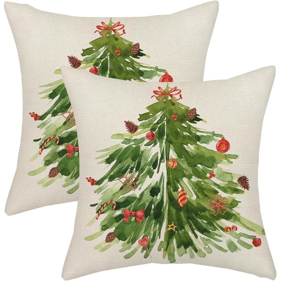 Watercolor Sage Green Christmas Tree Pillow Covers 16x16 Decor Throw Pillows Case for Couch Winter Xmas Indoor Outdoor Decorative Cushion Cases for Sofa Bed Decorations Set of 2