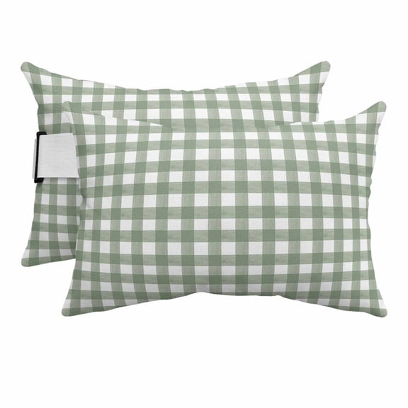 Watercolor Sage Green Lattice Checker Outdoor Pillow for Chaise Lounge Chair,Head Resting Pillow with Insert, Minimalist Buffalo Plaid Waterproof Lumbar Pillows for Patio,11"x16" 2 Pack