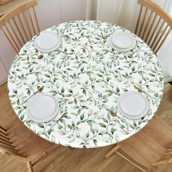 Watercolor Sage Green Leaf Round Tablecloth Teal Eucalyptus Leaves Table Cover with Elastic Edge Washable Fitted Table Cloth for Kitchen Patry Outdoor Decor Fits 40"-44", Small
