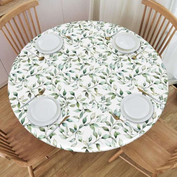Watercolor Sage Green Leaf Round Tablecloth Teal Eucalyptus Leaves Table Cover with Elastic Edge Washable Fitted Table Cloth for Kitchen Patry Outdoor Decor Fits 45"-52", Medium