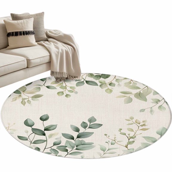 Watercolor Sage Round Area Rug 3ft Green Eucalyptus Leaf Plant Linen Texture Non-Slip Washable Circle Rugs Soft Felt Indoor Floor Mat for Bedroom Kitchen Living Room Bathroom