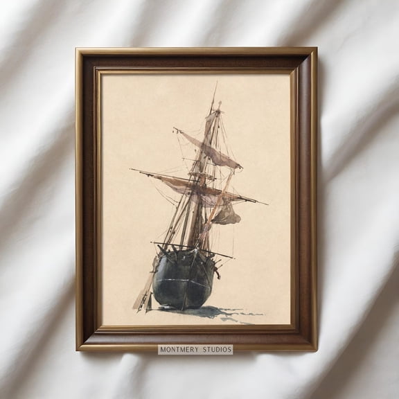 Watercolor Sailboat Art Print, Beached Fishing Vessel Artwork, Nautical Decor For Kids Room, Fishing Nursery Art, Sailing Ship Wall Art, Na8 #418, Unframed Poster Size 8x12