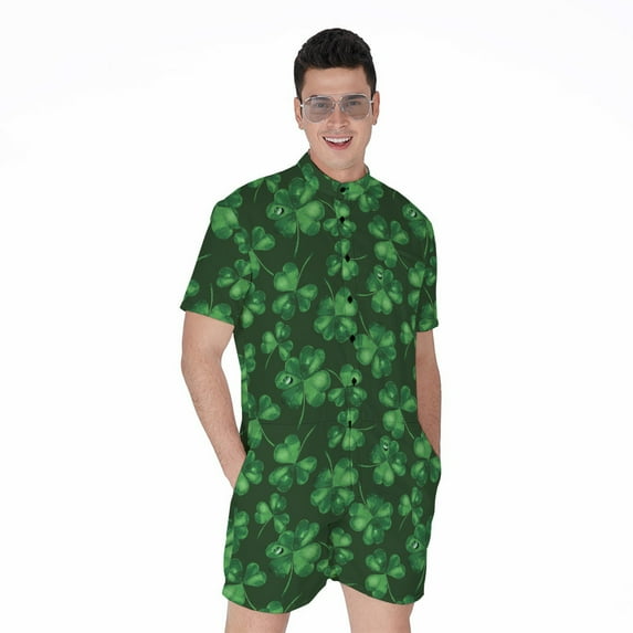 Watercolor Saint Patrick'S Day Short Sleeve Men'S Rompers, Irish St. Patrick'S Day Casual Summer Jumpsuits Outfit
