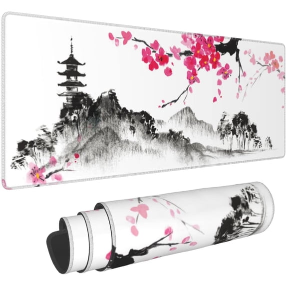 Watercolor Sakura Mouse Pad 31.5 X 11.8 Inch Japanese Hills Cherry Blossom Large Pink Mouse Mat Non-Slip Rubber Base Mousepad Stitched Edges Keyboard Mouse Mat Desk Pad for Office Home Game