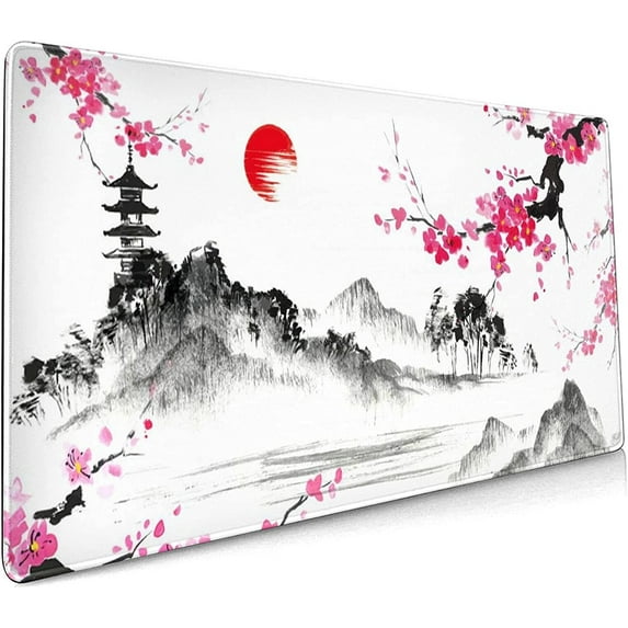 Watercolor Sakura Mouse Pad 35.4 X 15.7 Inch Japanese Hills Cherry Blossom Extended Large Pink Mouse Mat Non-Slip Rubber Base Mousepad with Stitched Edges Waterproof Desk Pad for Gaming&Home Office,XL