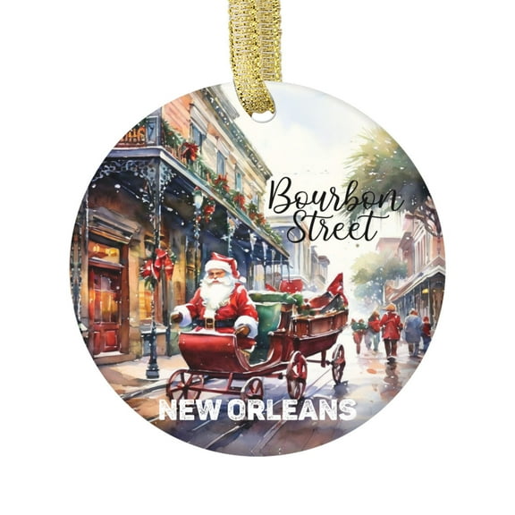 Watercolor Santa on Bourbon Street, New Orleans Louisiana LA Landmark Travel Memory Souvenir Landmark Vacation Keepsake Ceramic Christmas Ornament Xmas Holiday Tree Gift