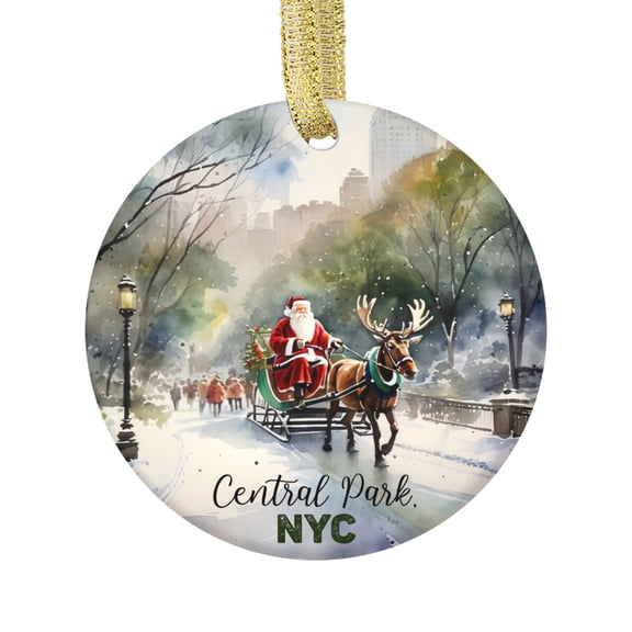 Watercolor Santa Reindeer Manhattan NY Skyline Central Park Xmas NYC New York Travel Memory Souvenir Landmark Vacation Keepsake Ceramic Christmas Ornament Xmas Holiday Tree Gift