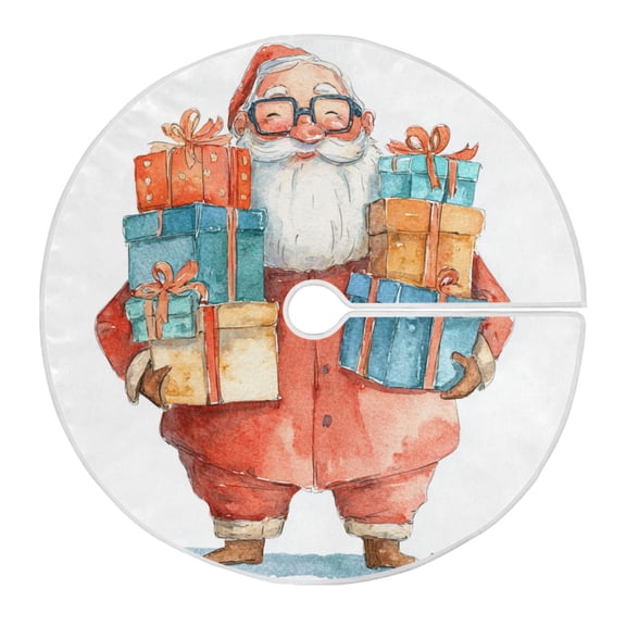 Watercolor Santa with Gifts Christmas Tree Skirt Opening Design Floor Mat Holiday Decor 35 inch
