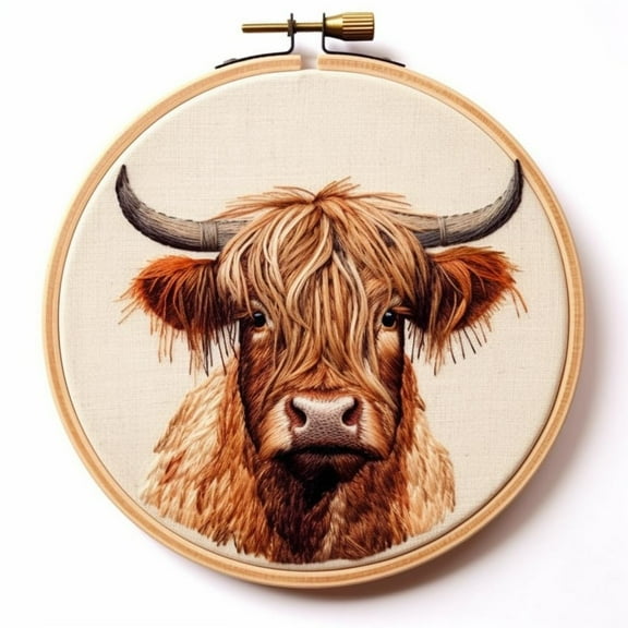 Watercolor Scottish Highland Cow Stamped Cross Stitch Kits for Beginners Easy with Hoop 11CT Needlepoint Embroidery DIY Counted Cross Stitch Kits Art Craft Wall Decor 35x35cm(3)