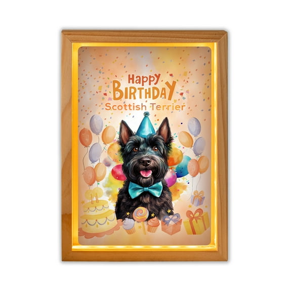 Watercolor Scottish Terrier Happy Birthday Celebration Balloons Gift Party Acrylic Plaque with Wood Photo Frame Box Scottie Dog Lover Gifts Light Box - 00028