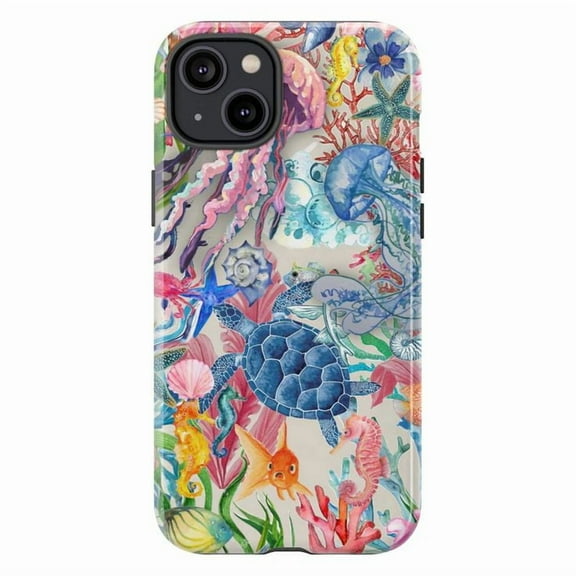 Watercolor Sea Life Phone Case for iPhone 17 16 15 14 13 12 11 Pro Mini Plus, Turtle Jellyfish Seahorse Nautical Art Phone Cover
